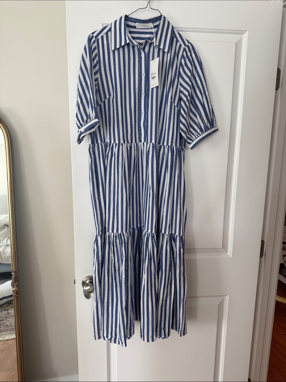 Maye Marine Blue and White Vertical Stripe Tiered Shirt Dress